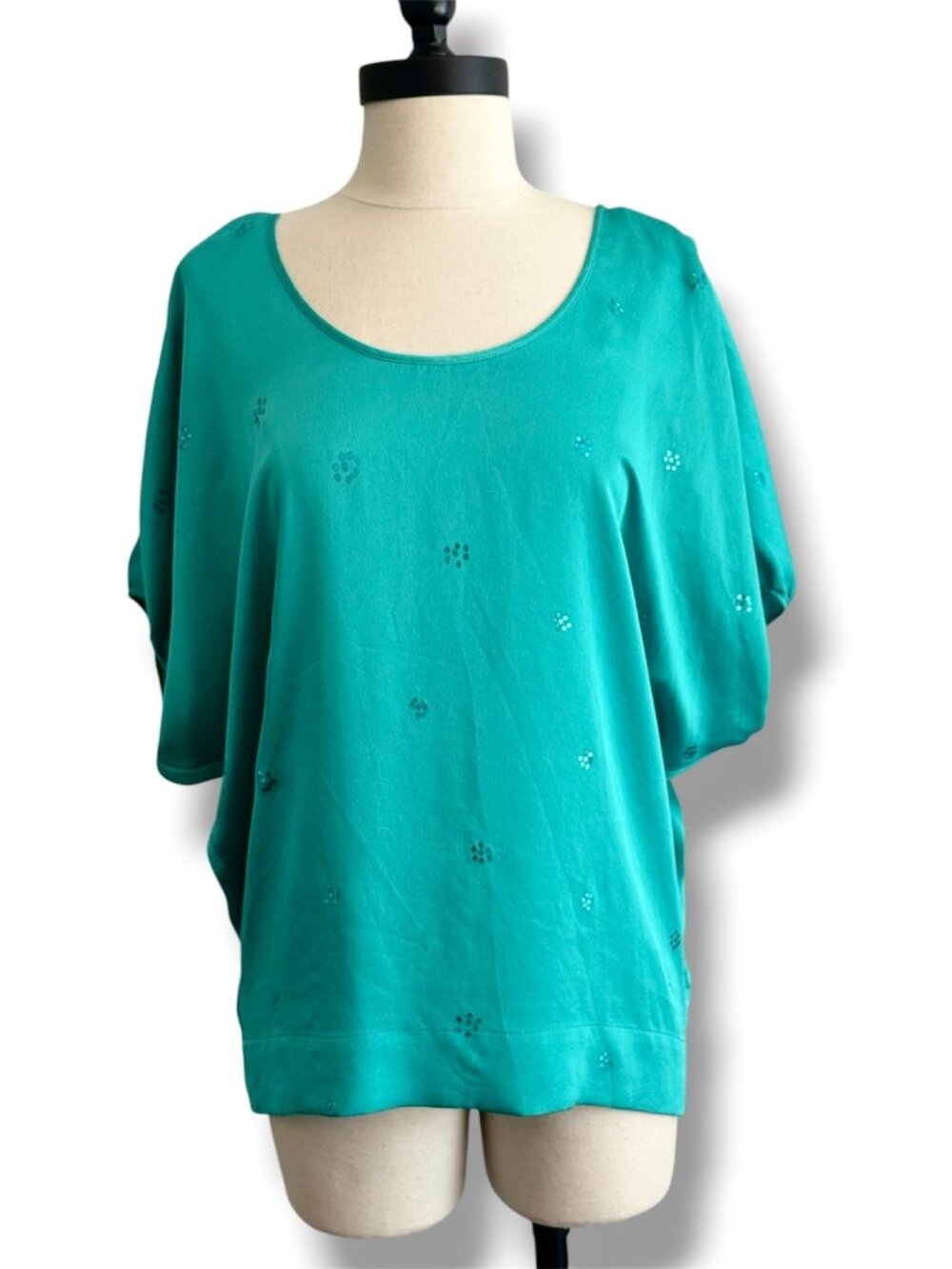 Upcycled Turquoise Short Sleeve Sequin Dolman Blouse with Draped Scoop Neck